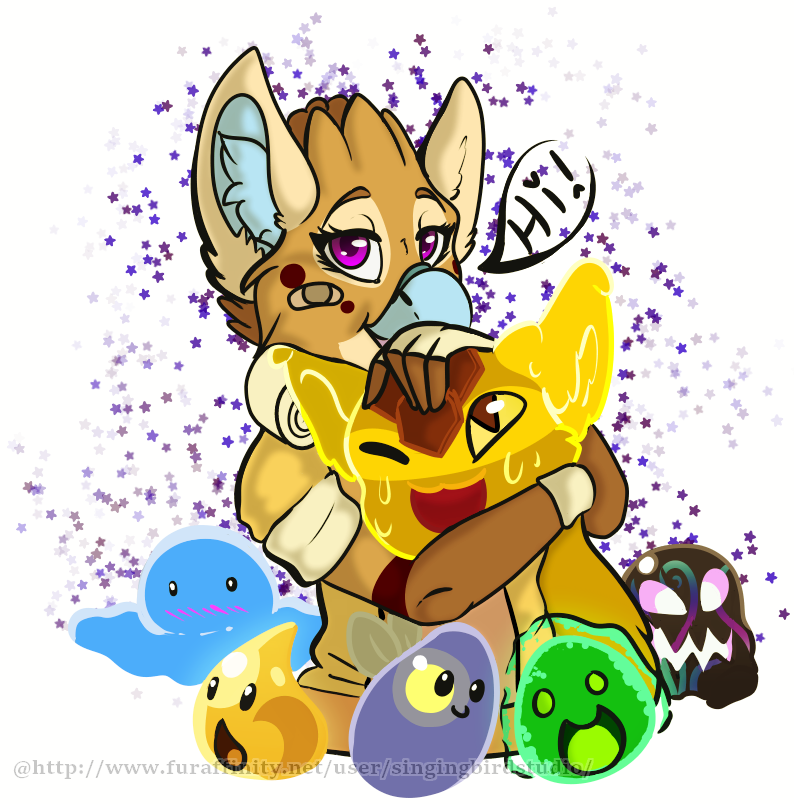 anthro dialogue female fur group hug hybrid_slime simple_background slime text singingbirdstudio mythology slime_rancher mazzy_techna avian gold_slime_(slime_rancher) goo_creature gryphon honey_hunter_largo honey_slime hunter_slime hybrid largo_slime mythological_avian mythological_creature phosphor_slime puddle_slime rad_slime slime_(slime_rancher) tarr_slime 2017 digital_media_(artwork) english_text