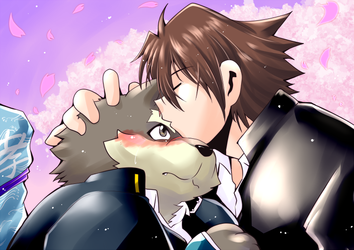 anthro blush brown_hair clothing cuddling duo hair hug human_on_anthro interspecies kissing male male/male school_uniform uniform tomoyamaru lifewonders tokyo_afterschool_summoners moritaka_(tas) protagonist_(tas) twink_protagonist_(tas) canid canine canis domestic_dog human mammal