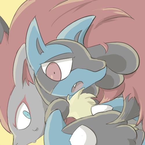 ambiguous_gender anthro black_body black_fur blue_body blue_eyes blue_fur duo fur red_body red_eyes red_fur simple_background yellow_background sikai nintendo pokemon canid generation_4_pokemon generation_5_pokemon lucario mammal pokemon_(species) zoroark 1:1 low_res