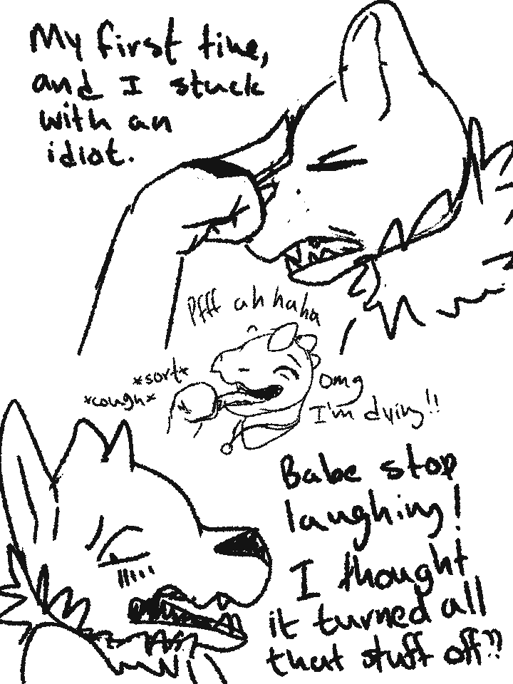 annoyed dialogue embarrassed female laugh laughing_at_another male text qwaxi~lixard canid canine canis felid iguana iguanid lion lizard mammal pantherine reptile scalie wolf 3:4 black_and_white comic english_text monochrome sketch