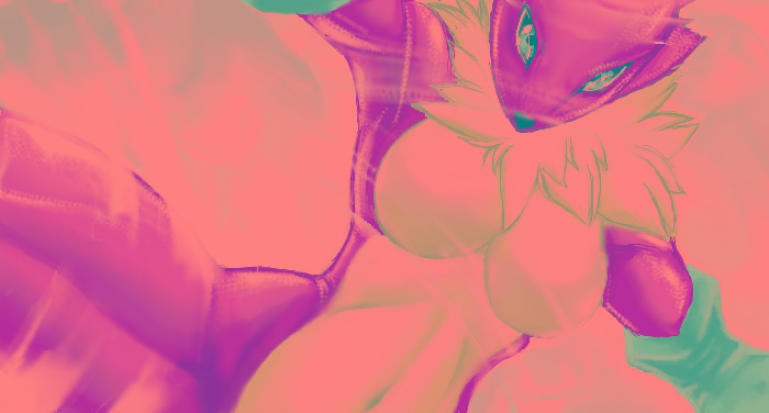 anthro armwear armwear_only black_sclera breasts bridal_gauntlets clothing featureless_breasts female fur mostly_nude muscular navel neck_tuft purple_eyes solo tuft white_body white_fur yellow_body yellow_fur manganiac bandai_namco digimon digimon_(species) mammal renamon 2012