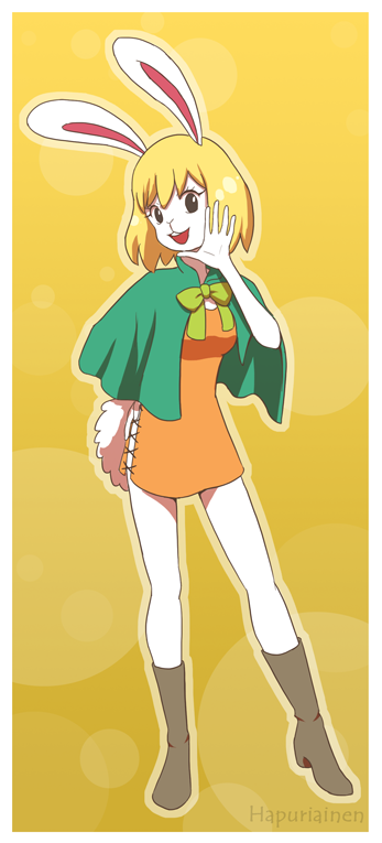 anthro blonde_hair boots border cloak clothed clothing dress female footwear fur hair no_underwear open_mouth orange_clothing orange_dress shoes sideless_clothing sideless_dress smile solo white_body white_border white_fur mokomodukedom one_piece carrot_(one_piece) lagomorph leporid mammal minkmen_(one_piece) rabbit