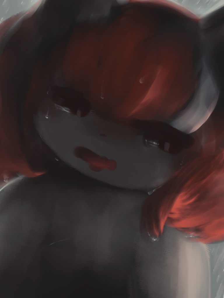 bangs black_nose clothed clothing eyelashes featureless_chest female hair kemono looking_at_viewer looking_down nude open_mouth pupils raining red_eyes red_hair red_tongue short_hair solo tongue topless wet white_hair white_pupils hasukii mal_(hasukii) canid canine mammal 3:4