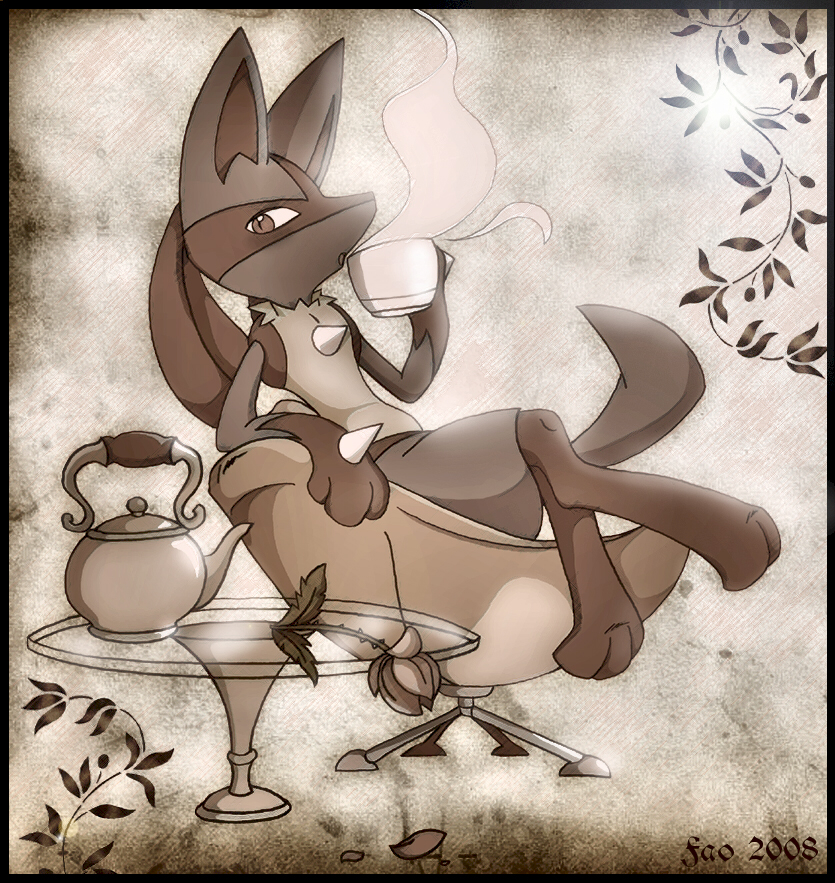 ambiguous_gender anthro beverage chair flower furniture peaceful petals plant pseudo_clothing rose_(flower) sitting solo spikes steam table tail tea teapot tranquil sciencefox nintendo pokemon canid canine generation_4_pokemon lucario mammal pokemon_(species) monochrome sepia