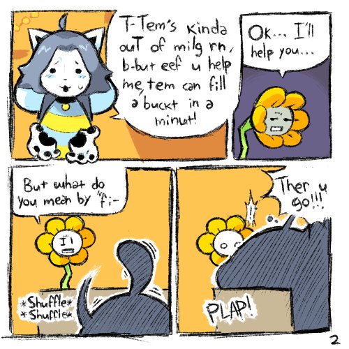 ambiguous_gender duo female flower hyper male onomatopoeia plant sound_effects speech_bubble text nucr4r undertale undertale_(series) flowey_the_flower temmie_(undertale) elemental_creature flora_fauna flower_creature tem 1:1 comic english_text low_res