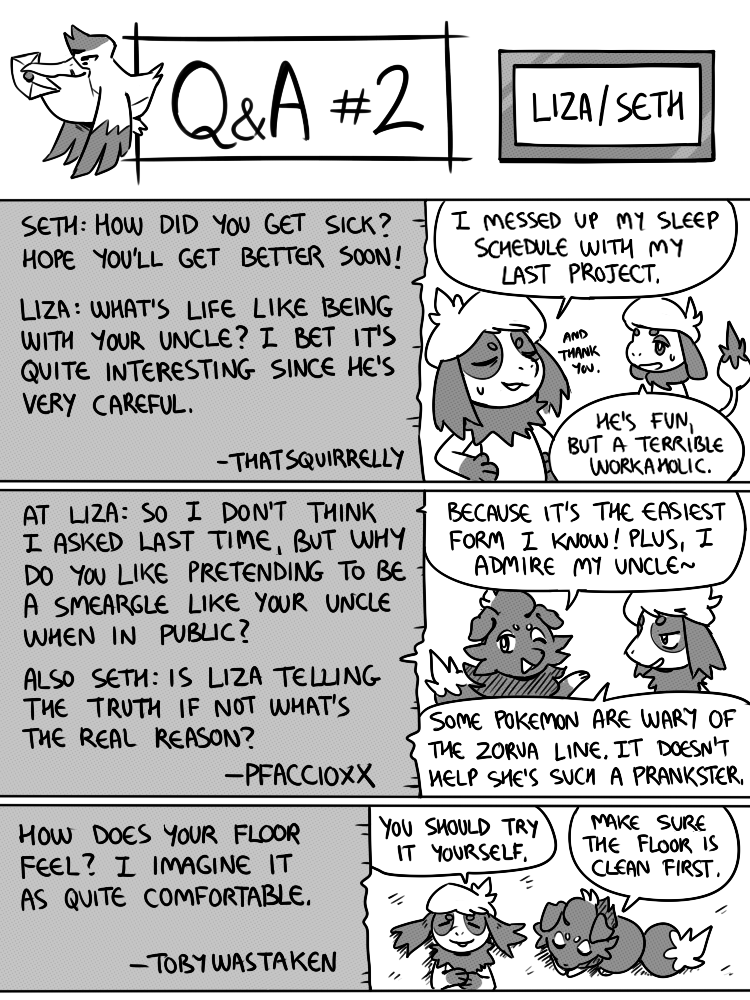 ambiguous_gender anthro biped black_eyes black_text bodily_fluids claws dialogue duo exclamation_point eyebrows eyes_closed feral finger_claws floppy_ears fluffy fluffy_tail fur letter looking_at_another lying neck_tuft number on_back on_front on_ground one_eye_closed open_mouth open_smile paws pseudo_hat pupils quadruped question_mark questions_and_answers smile speech_bubble standing sweat sweatdrop tail text tuft white_pupils white_sclera wings flavia-elric nintendo pokemon liza_(yapc) seth_(yapc) generation_2_pokemon generation_3_pokemon generation_5_pokemon pelipper pokemon_(species) smeargle zorua 2022 3:4 digital_media_(artwork) english_text monochrome