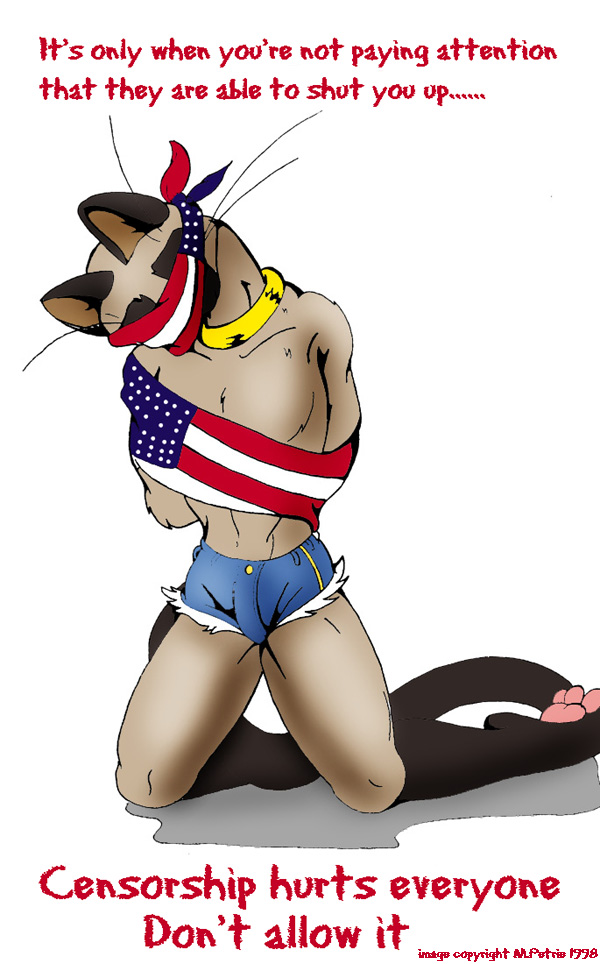 american_flag anthro black_ears black_feet black_tail blindfold blue_bottomwear blue_clothing blue_shorts bottomwear bound bulge clothing collar feet fur grey_body hands_tied_behind_back male pink_feet political_cartoon politics shorts solo tail text united_states_of_america whiskers yellow_collar nduli colorpoint domestic_cat felid feline felis mammal siamese 1998 english_text