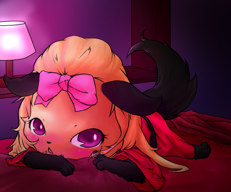 accessory bed bedding black_body black_fur blanket blush bow_(feature) bow_accessory bow_ribbon centered_hair_bow clothing eyelashes female feral fur furniture hair hair_accessory hair_bow hair_ribbon inside lamp looking_at_viewer open_mouth pillow pink_bow purple_eyes ribbons solo tan_body tan_fur aru-wai-o jewelpet sanrio sega sega_fave topaz_(jewelpet) canid canine canis domestic_dog hunting_dog mammal terrier yorkshire_terrier 2011