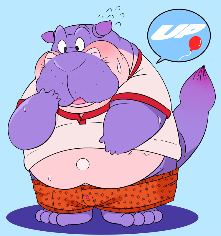 anthro belly blush bodily_fluids boxers_(clothing) clothing kemono male orange_clothing orange_underwear overweight overweight_anthro overweight_male purple_body shirt simple_background solo sweat topwear underwear norataro common_hippopotamus hippopotamid mammal 2012