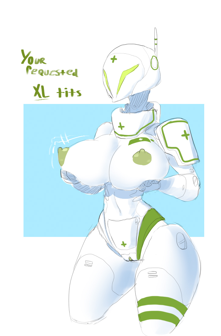 areola big_breasts breasts female genitals green_eyes holding_breast machine nipples presenting puffy_areola puffy_nipples pussy simple_background solo text thick_thighs wide_hips artlegionary tourniquet_(artlegionary) humanoid robot english_text