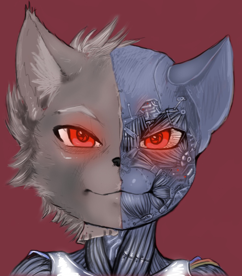 anatomy anthro biped close-up clothed clothing cybernetics fully_clothed glowing glowing_eyes grey_body machine red_background red_eyes simple_background solo hexxy felid mammal robot 2017 bust_portrait digital_media_(artwork) portrait