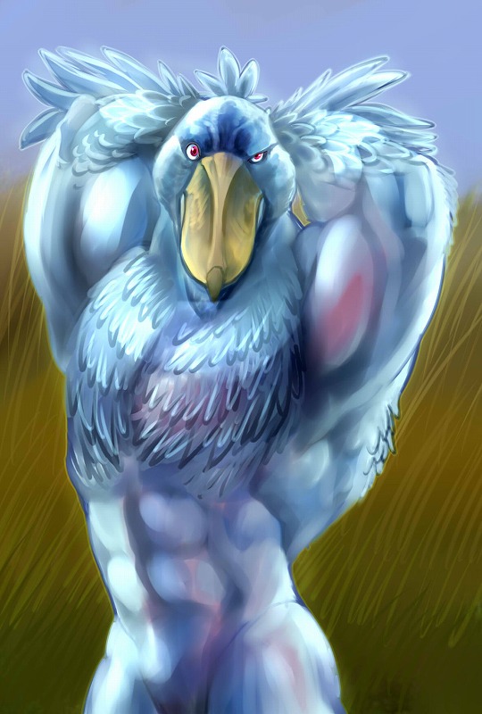 abs anthro beak biceps biped blue_body feathers flexing hands_behind_head looking_at_viewer male muscular muscular_anthro muscular_male nude pecs pose red_eyes solo standing gweek avian bird pelecaniform shoebill