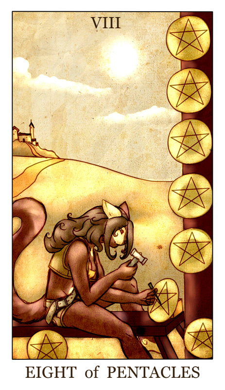 anthro bench black_hair breasts brown_body brown_fur building card card_template chisel cleavage clothed clothing cloud eight_of_pentacles_(tarot) female fortune_telling fur hair hammer minor_arcana occult_symbol outside pentacle pentacles_(tarot) solo sun symbol tarot tarot_card tools white_body white_fur feralise ronya domestic_cat felid feline felis mammal