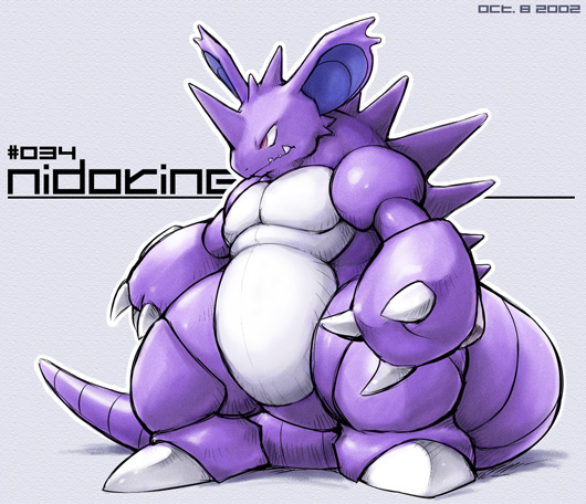 ambiguous_gender claws feral purple_body red_eyes scales simple_background solo spikes spikes_(anatomy) standing tapering_tail text white_body kitora nintendo pokemon generation_1_pokemon nidoking pokemon_(species) 2002 digital_media_(artwork) full-length_portrait portrait