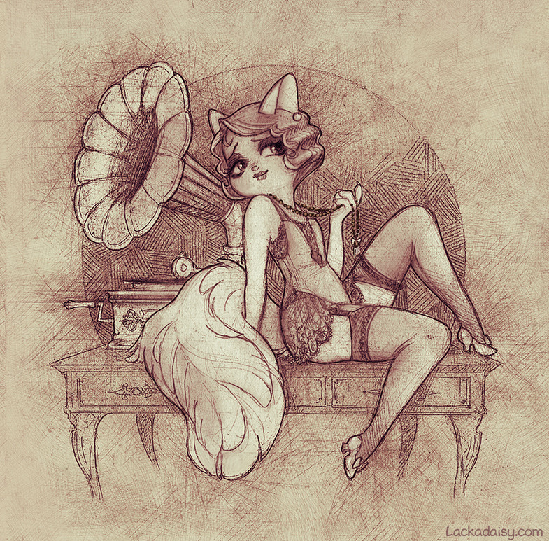 anthro art_deco biped clothed clothing ear_piercing female fur garter_straps gramophone hair lingerie piercing solo tail tracy_j._butler lackadaisy mitzi_may domestic_cat felid feline felis mammal