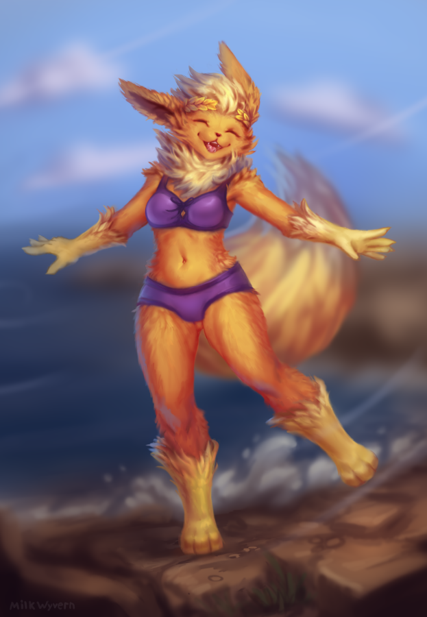 anthro anthrofied clothed clothing cloud day detailed_background eyes_closed female fur light midriff navel open_mouth open_smile orange_body orange_fur outside pokemorph smile solo swimwear water milkwyvern nintendo pokemon eeveelution flareon generation_1_pokemon pokemon_(species) 2021 lighting shaded signature