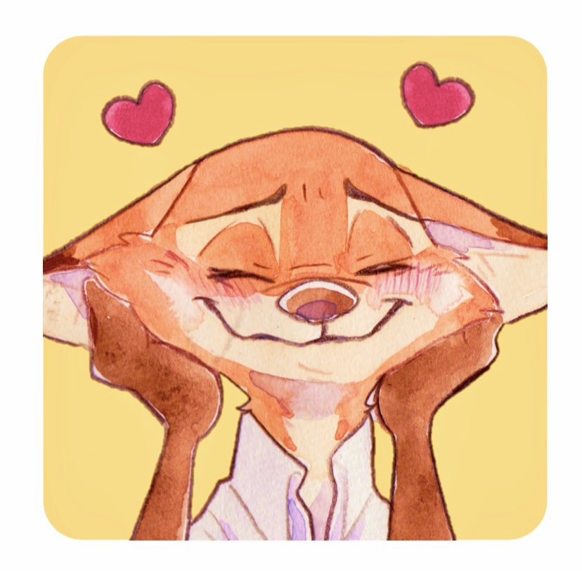 anthro blush border clothed clothing eyes_closed fur heart_symbol orange_body orange_fur simple_background solo white_border yellow_background strawberry628_(artist) disney zootopia nick_wilde canid canine fox mammal red_fox true_fox painting_(artwork) traditional_media_(artwork) watercolor_(artwork)