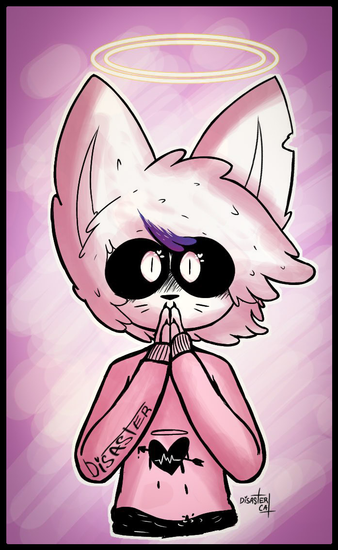 ambiguous_gender anthro black_border black_sclera border claws clothing finger_claws fur hair halo heart_symbol pink_background pink_clothing simple_background solo white_body white_fur white_hair disastercat nick_(disastercat) domestic_cat felid feline felis mammal digital_media_(artwork) male_(lore)