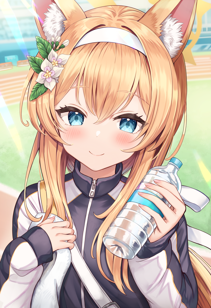 accessory blonde_hair blue_eyes blush bottle clothed clothing container female flower flower_in_hair hair hair_accessory jacket looking_at_viewer plant smile solo topwear water_bottle sakura_ani blue_archive mari_iochi animal_humanoid canid canid_humanoid canine canine_humanoid fox_humanoid humanoid mammal mammal_humanoid 2022 hi_res