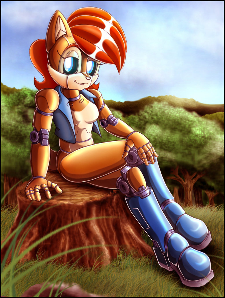 anthro biped blue_boots blue_clothing blue_eyes blue_footwear blue_topwear blue_vest boots brown_body clothed clothing crossed_legs detailed_background female footwear forest grass hair looking_at_viewer machine open_clothing open_topwear open_vest outside plant red_hair shoes sitting sitting_on_stump solo topwear tree tree_stump vest zeiram0034 archie_comics sega sonic_the_hedgehog_(archie) sonic_the_hedgehog_(comics) sonic_the_hedgehog_(series) mecha_sally sally_acorn chipmunk ground_squirrel mammal robot rodent sciurid