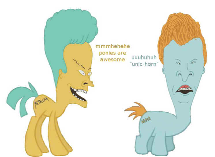 alternate_species black_eyes braces duo green_hair hair male orange_hair ponification simple_background tail what what_has_magic_done white_background unknown_artist beavis_and_butt-head friendship_is_magic hasbro my_little_pony beavis butt-head equid equine horse mammal pony crossover