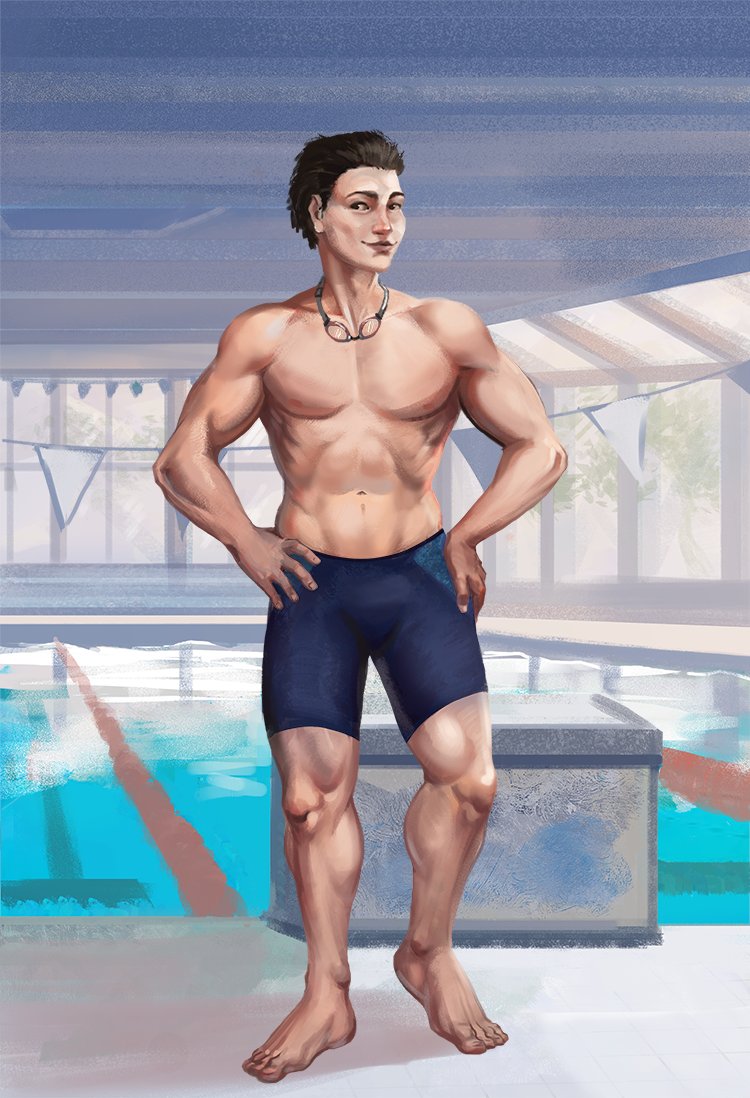 5_fingers athletic athletic_human athletic_male barefoot biceps bottomwear brown_hair bunting_(banner) calf_muscles clothed clothing eyewear feet fingers goggles goggles_around_neck hair hands_on_hips humanoid_feet imminent_transformation indoor_swimming_pool inside looking_at_viewer male navel nipples not_furry pecs plant plantigrade serratus smile solo standing swimming_goggles swimming_pool swimming_trunks swimwear tight_clothing toes topless tree sidj-6 daniel_fovahlok human mammal shaded