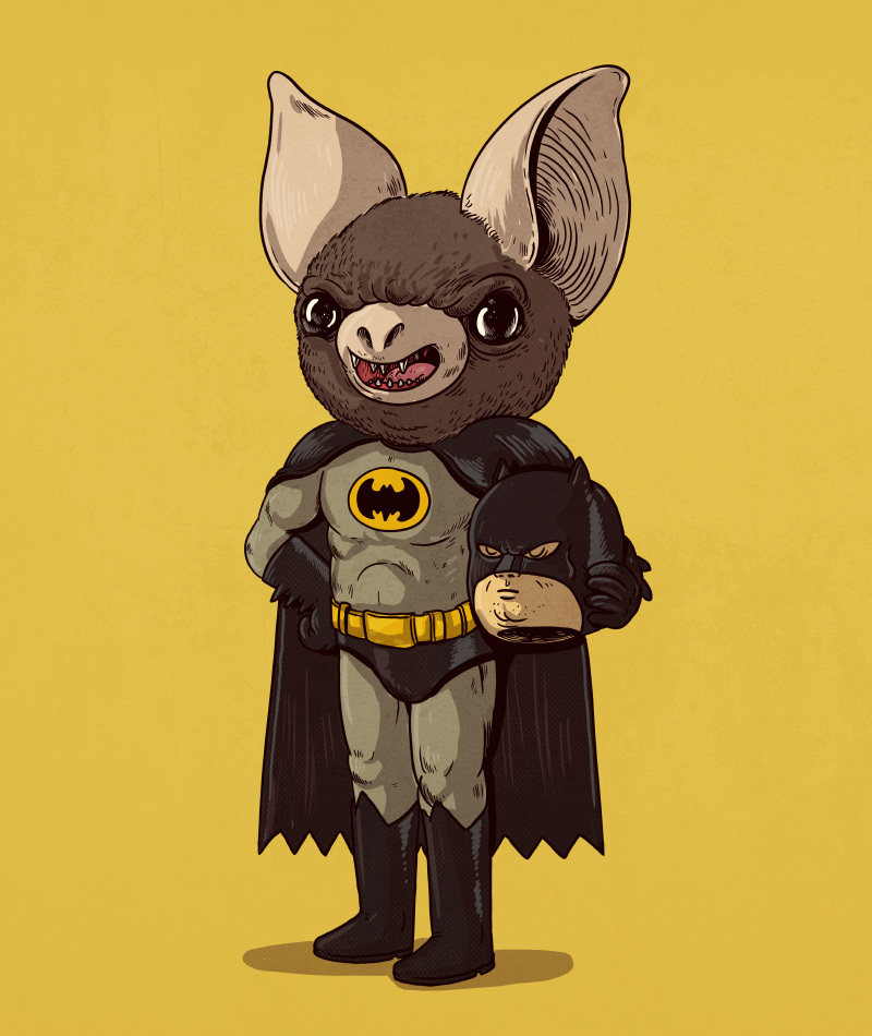 bat_symbol black_eyes disguise humor male mask pun reveal simple_background solo teeth visual_pun yellow_background alex_solis batman_(series) dc_comics batman bat mammal digital_media_(artwork) full-length_portrait portrait