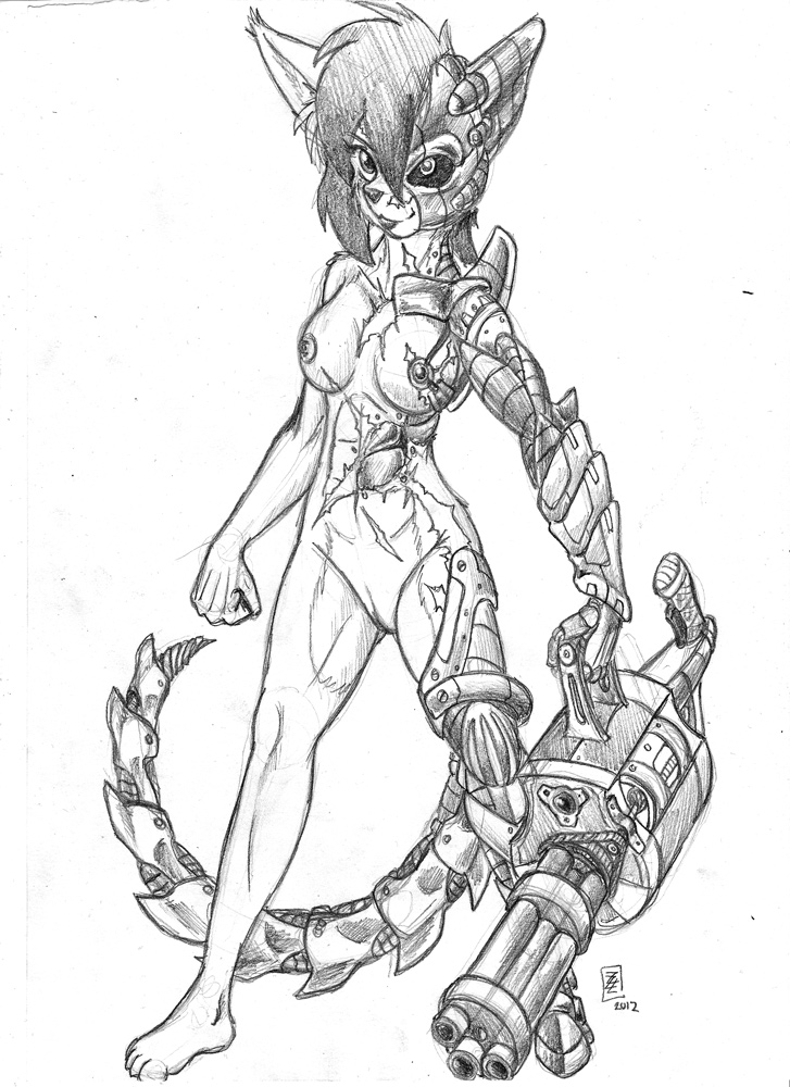 2_artificial_limbs anthro breasts cybernetic_arm cybernetic_ear cybernetic_face cybernetic_leg cybernetic_limb cybernetic_tail cybernetics female fist gatling_gun genitals gun holding_gun holding_machine_gun holding_object holding_ranged_weapon holding_weapon looking_at_viewer machine machine_gun minigun nude pussy ranged_weapon scar small_breasts solo standing tail weapon s-nina cyborg domestic_cat felid feline felis mammal 2012 monochrome sketch