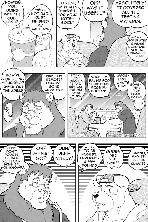 anthro dialogue distance eyewear fast_food food glasses male text ryuu_majin canid canine canis domestic_dog felid lion mammal pantherine 2:3 comic english_text greyscale monochrome