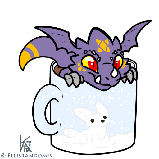 anthro chibi claws container cup male mug partially_submerged purple_body red_eyes smile solo tail yellow_sclera felisrandomis bandai_namco digimon dragoneer_(character) 1:1 2021 alpha_channel signature