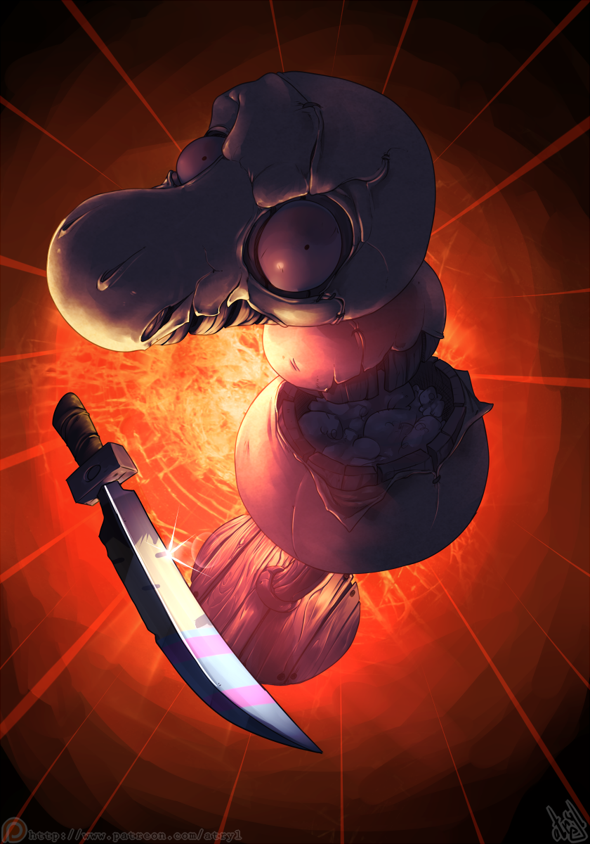 angry battered doll dummy elderly glistening knife looking_at_viewer melee_weapon nightmare_fuel not_furry patreon_logo solo sword text weapon website_logo wood atryl patreon undertale undertale_(series) mad_dummy monster hi_res url watermark