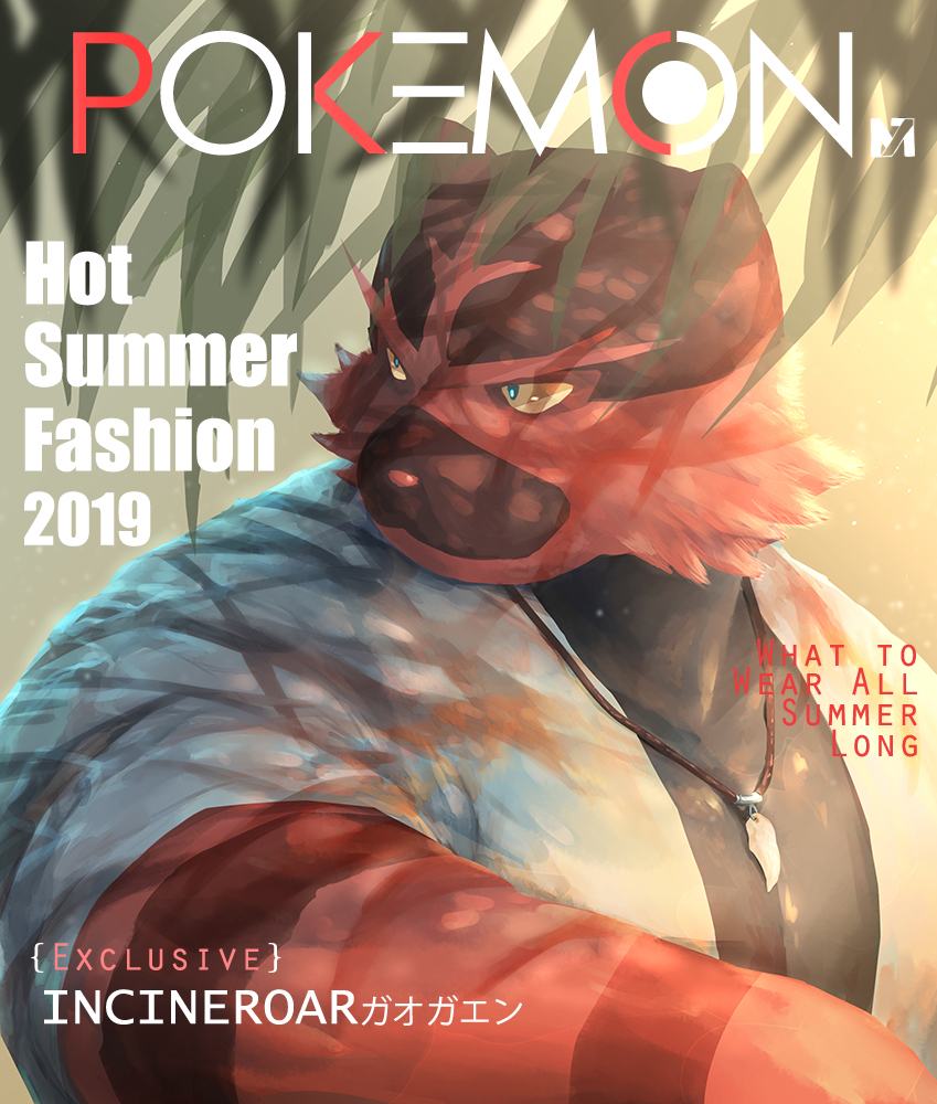 anthro black_body black_fur clothed clothing fur jewelry male open_clothing open_shirt open_topwear pendant pink_nose red_body red_fur shirt solo text topwear yellow_sclera m7 nintendo pokemon generation_7_pokemon incineroar pokemon_(species) 2019 cover english_text magazine_cover