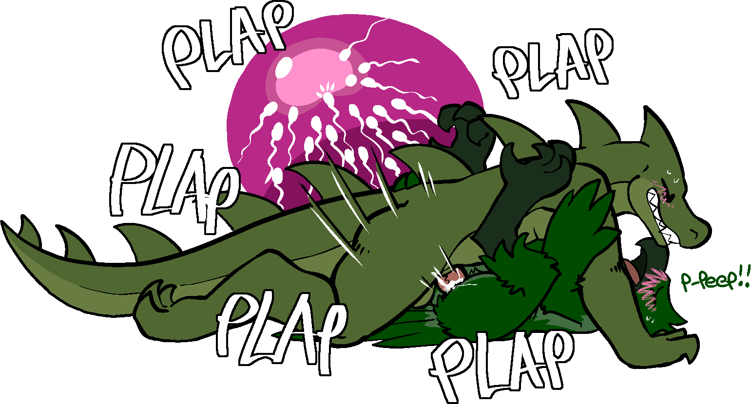 anthro balls blush bodily_fluids cum cum_in_vagina cum_inside duo female female_penetrated from_front_position genital_fluids genitals impregnation male male/female male_penetrating male_penetrating_female mating_press onomatopoeia open_mouth ovum penetration penile penile_penetration penis plap sex sound_effects sperm_cell teeth text vaginal vaginal_penetration vulva trout_(artist) alligator alligatorid avian bird crocodilian reptile scalie