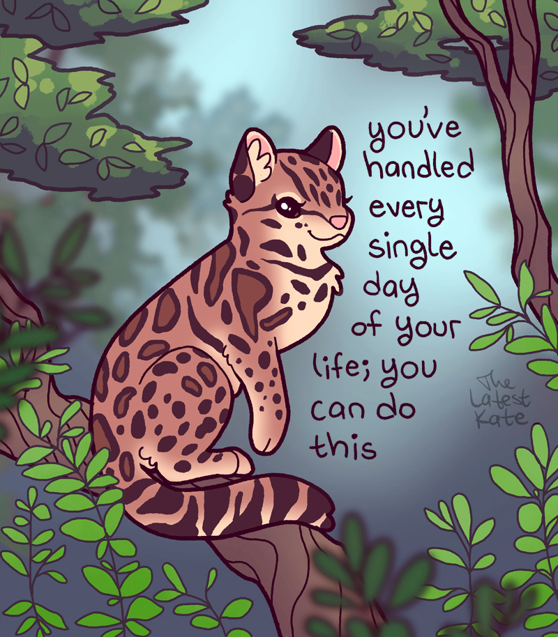 ambiguous_gender brown_body brown_eyes brown_fur dialogue feral fur leaf looking_at_viewer markings motivational_art motivational_poster outside pink_nose plant solo spots spotted_body spotted_fur text tree the_latest_kate felid feline leopardus mammal ocelot 2023 digital_media_(artwork) english_text icon