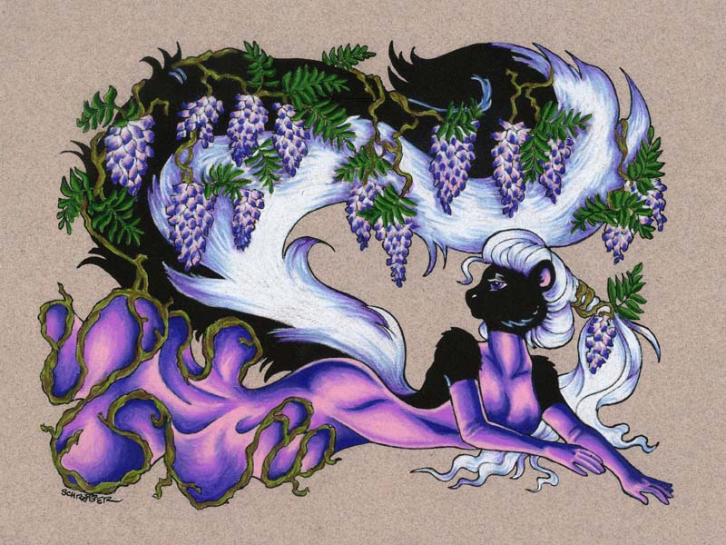 anthro art_nouveau black_body black_fur clothed clothing dress female flower fur gloves hair handwear leaf multicolored_hair plant purple_body purple_eyes purple_fur purple_hair simple_background solo two_tone_hair white_body white_fur white_hair wisteria_(flower) sandy_schreiber mammal mephitid skunk 4:3 wallpaper