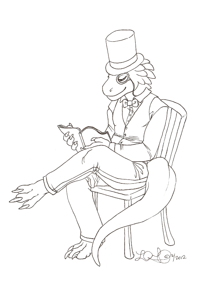 anthro bottomwear bow_tie chair claws clothed clothing eyewear fully_clothed furniture happy hat headgear headwear male monocle narrowed_eyes pants shirt simple_background sitting smile solo top_hat topwear vest white_background epicwang furx_(character) lizard reptile scalie 2012 line_art signature