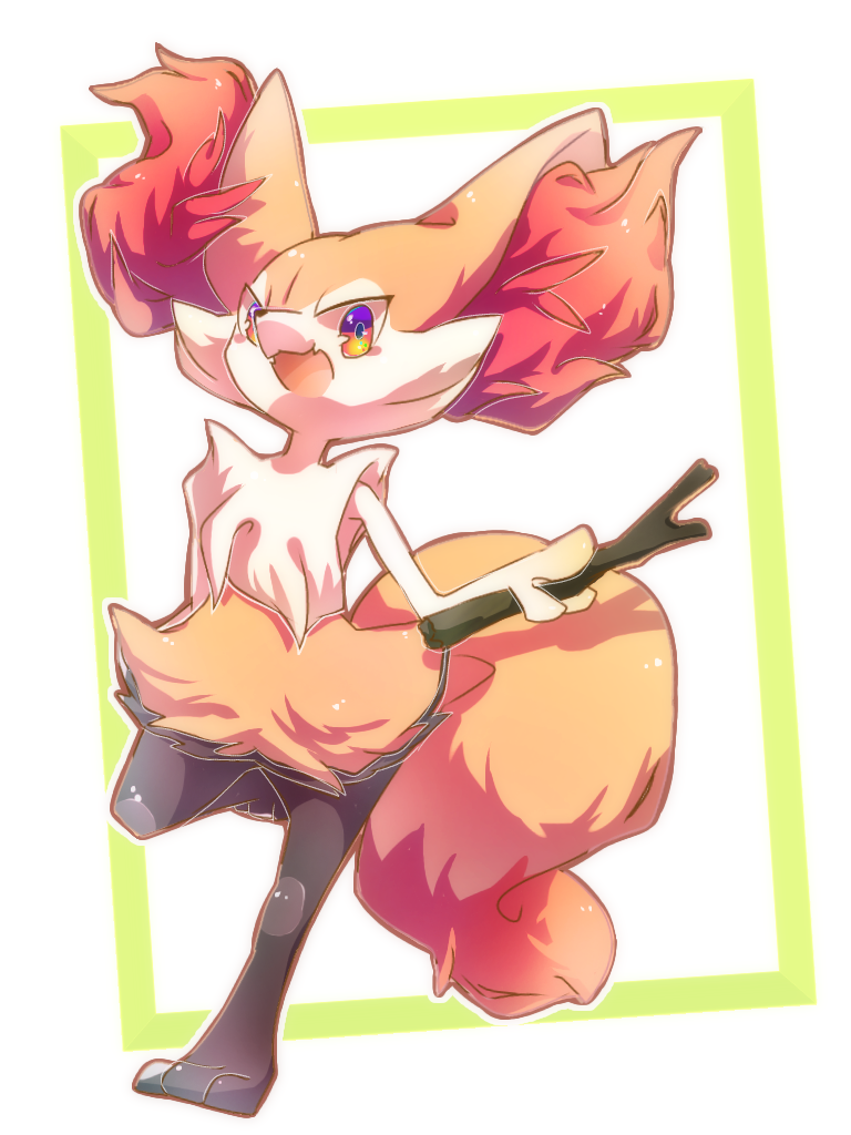 3_fingers 3_toes ambiguous_gender anthro black_body black_fur chest_tuft cute_fangs ear_tuft feet fingers fur holding_object looking_at_viewer multicolored_body multicolored_fur solo stick toes tuft white_body white_fur yellow_body yellow_fur kompeito nintendo pokemon braixen generation_6_pokemon pokemon_(species) 3:4 digital_media_(artwork) shaded