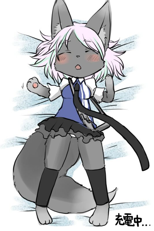 anthro bed biped black_body black_fur bottomwear clothed clothing eyes_closed female fully_clothed fur furniture hair kemono lying panties pink_hair short_hair simple_background skirt sleeping solo underwear white_background shinobe handymonsters domestic_cat felid feline felis mammal