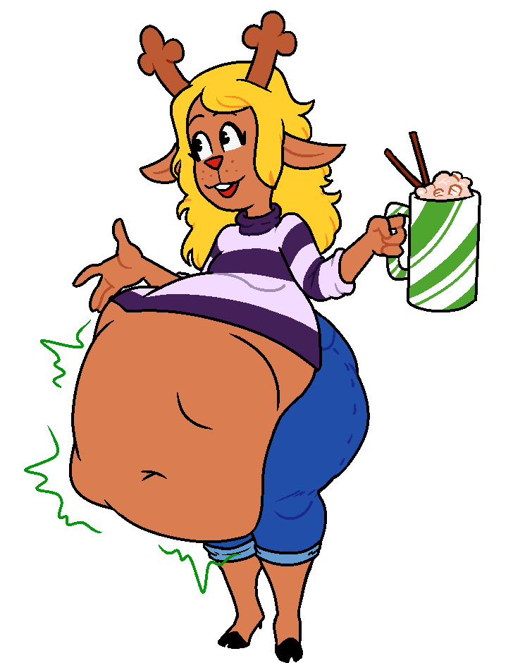 abdominal_bulge ambiguous_gender anthro anthro_pred antlers belly beverage big_belly big_breasts blonde_hair blush bodily_fluids breasts candy casual_vore chocolate clothed clothing dessert digestion digestion_sequence duo external female female_pred food fur hair horn hot_chocolate imminent_digestion imminent_vore navel open_mouth smile soft_vore squirming struggling struggling_prey topwear vore third-party_edit whiteraff deltarune undertale_(series) noelle_holiday deer humanoid mammal new_world_deer reindeer digital_media_(artwork)