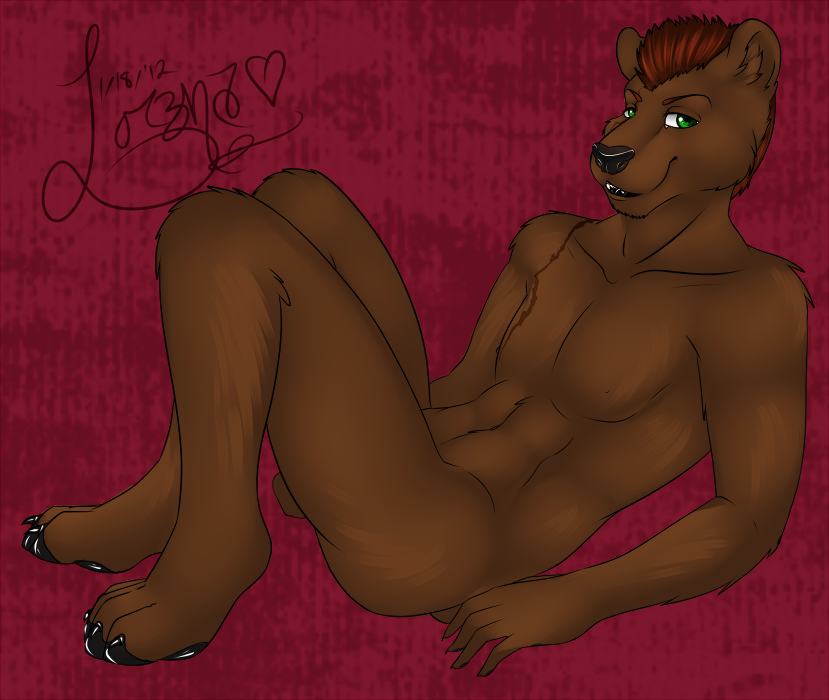 anthro brown_body brown_fur butt fur green_eyes hair looking_at_viewer male nude simple_background smile solo lorena_(artist) greg_cole bear humanoid mammal 2012 dated signature