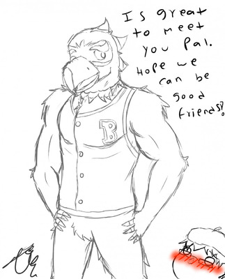 anthro beak blush bottomless clothed clothing duo eyebrows eyewear glasses male muscular simple_background smile text thick_eyebrows dg254 animal_crossing nintendo frank_(animal_crossing) accipitrid accipitriform avian bird eagle low_res monochrome