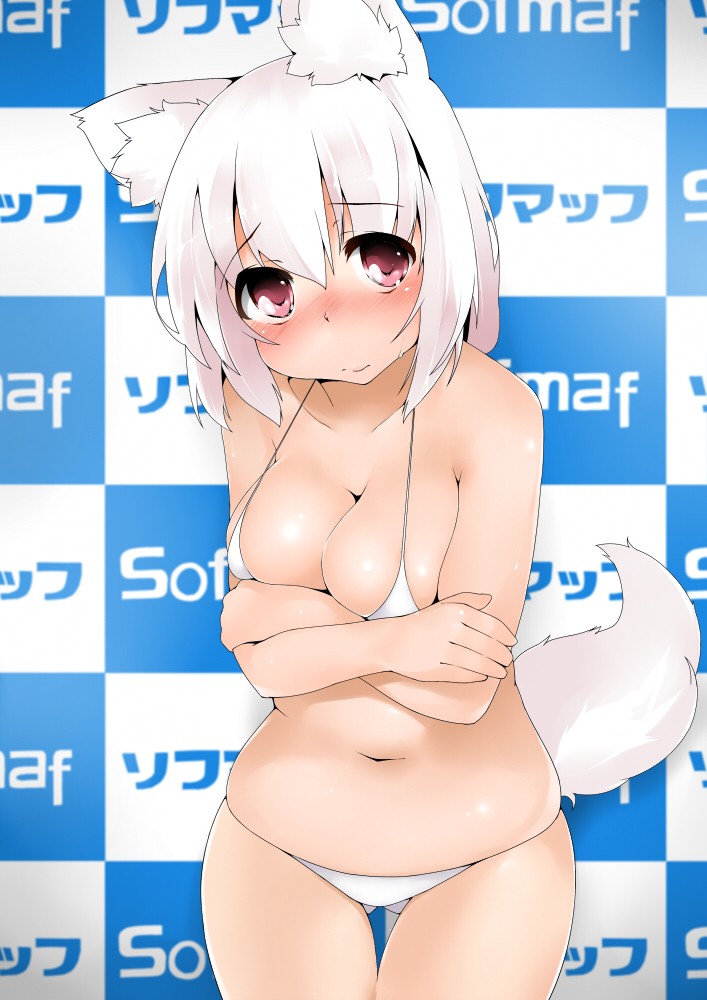 blush bra clothed clothing female fur hair looking_at_viewer navel panties red_eyes solo underwear white_body white_fur white_hair tera_zip touhou momiji_inubashiri animal_humanoid canid canid_humanoid canine canine_humanoid dog_humanoid humanoid mammal mammal_humanoid 2014