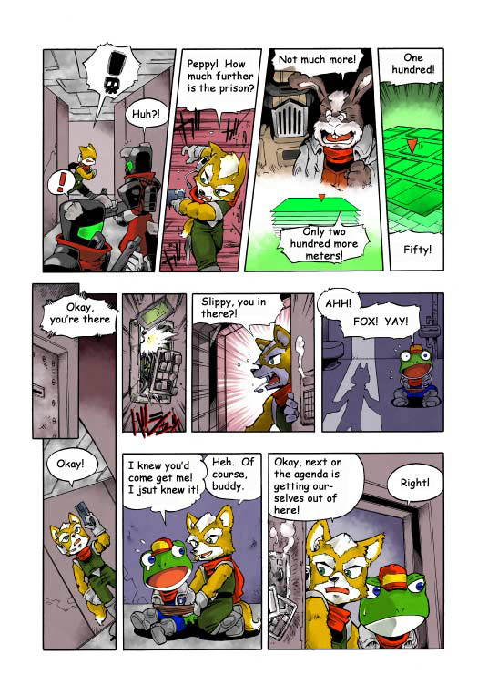 anthro clothing dialogue group machine male text shigehisa_nakaue nintendo star_fox fox_mccloud peppy_hare rob_64 slippy_toad amphibian canid canine fox frog lagomorph leporid mammal rabbit robot 2002 comic english_text japanese_text official_art