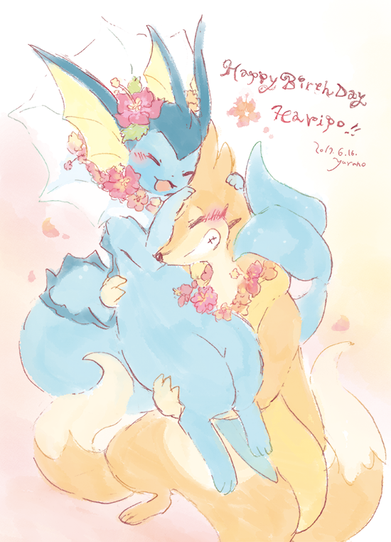 ambiguous_gender anthro blue_body blush blush_lines carrying_another duo eyes_closed feral flower flower_accessory fur happy hug multi_tail open_mouth orange_body orange_fur paws petals plant simple_background tail teeth text toothy_smile yura_inaho nintendo pokemon eeveelution floatzel generation_1_pokemon generation_4_pokemon pokemon_(species) vaporeon 2017 dated english_text signature