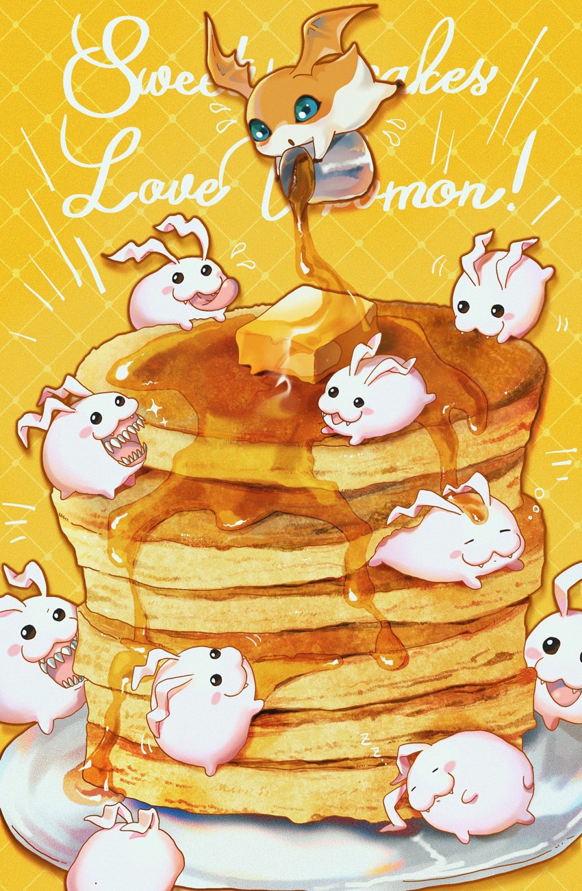 beady_eyes blue_eyes butter dairy_products detailed_food feral flying food group pancake syrup pennenname bandai_namco digimon digimon_(species) patamon tokomon detailed hi_res