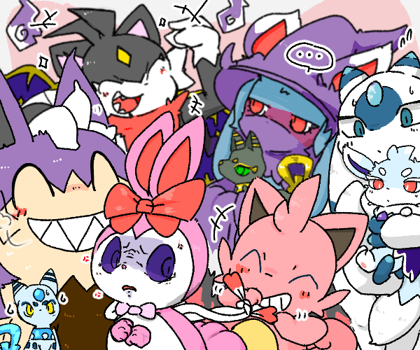 ambiguous_gender anthro blush ellipsis eyes_closed feral group sharp_teeth teeth ardest palworld pocketpair cattiva grintale katress lunaris_(pal) mau_(pal) mau_cryst nox_(pal) pal_(species) ribbuny tombat 6:5