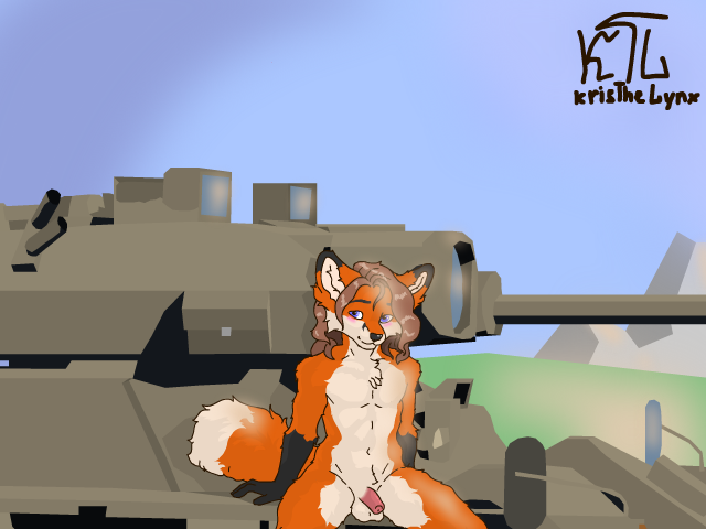 anthro balls blue_eyes cheek_tuft chest_tuft facial_tuft fluffy fluffy_tail fur genitals hair half-erect male nude penis sitting smile solo tail text tuft vehicle kristhelynx gaijin_entertainment war_thunder canid canine fox mammal 2024 4:3