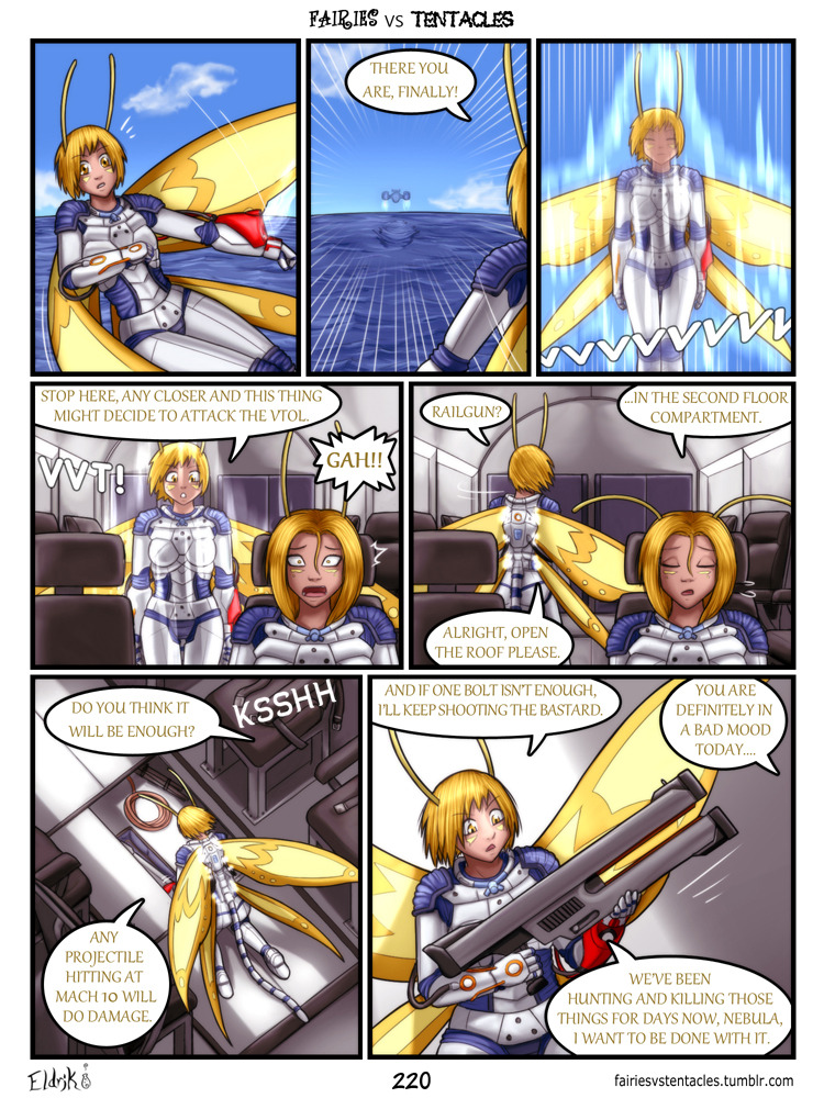 aircraft airplane antennae_(anatomy) armor battle blonde_hair breasts clothed clothing dialogue facial_markings female fight flying gun hair head_markings holding_gun holding_object holding_ranged_weapon holding_weapon insect_wings inside inside_airplane jet magic markings profanity railgun ranged_weapon sea speech_bubble teleportation text vehicle water weapon wings yellow_eyes yellow_wings bobbydando fairies_vs_tentacles comet_(fvt) nebula_(fvt) fairy humanoid monster 3:4 colored comic english_text url