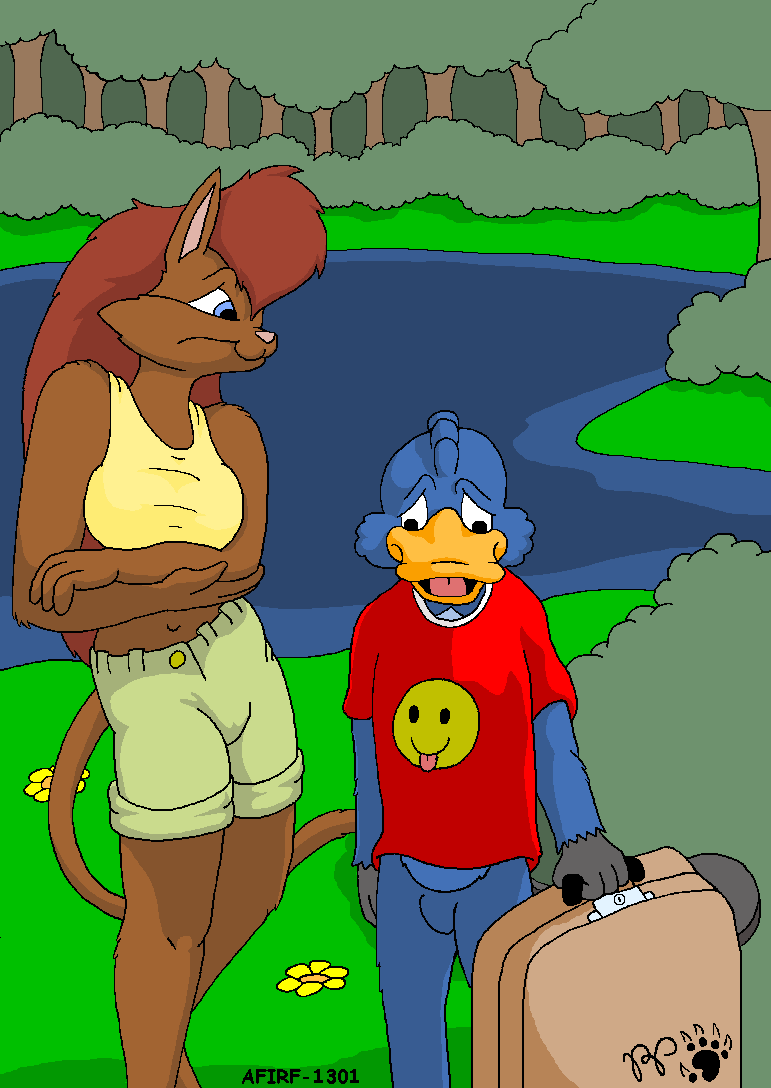 anthro beak blue_body blue_eyes blue_fur bottomless bottomwear brown_body brown_fur clothed clothing duo female forest fur hair male midriff navel open_beak open_mouth pink_nose plant red_hair shirt shorts shrub tank_top toony topwear tree water kthanid_(artist) rutwell_forest serenakty shelby_platypus domestic_cat felid feline felis mammal monotreme platypus digital_media_(artwork) story_at_source