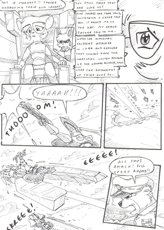 aircraft airship anthro battle beam_rifle border bottomwear chair close-up clothing cloud destroyed_vehicle destruction dialogue eye_patch eyewear female fur furniture glasses group gun gunshot_wound hair hat headgear headwear hole_(pit) holographic_screen machine male manipulation mecha military_hat military_uniform on_chair onomatopoeia open_mouth outside_border pants ranged_weapon rifle screaming screen shirt sitting sitting_on_chair sky skyscape sound_effects speech_bubble tank_top text topwear trio uniform vehicle warzone weapon kitfox-crimson stolen_generation duncan_(kitfox_crimson) kylee_(kitfox-crimson) american_opossum kangaroo macropod mammal marsupial black_and_white comic english_text monochrome sketch